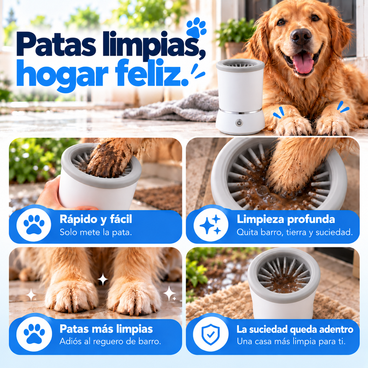Limpiador automático de patas · Adiós al barro en casa